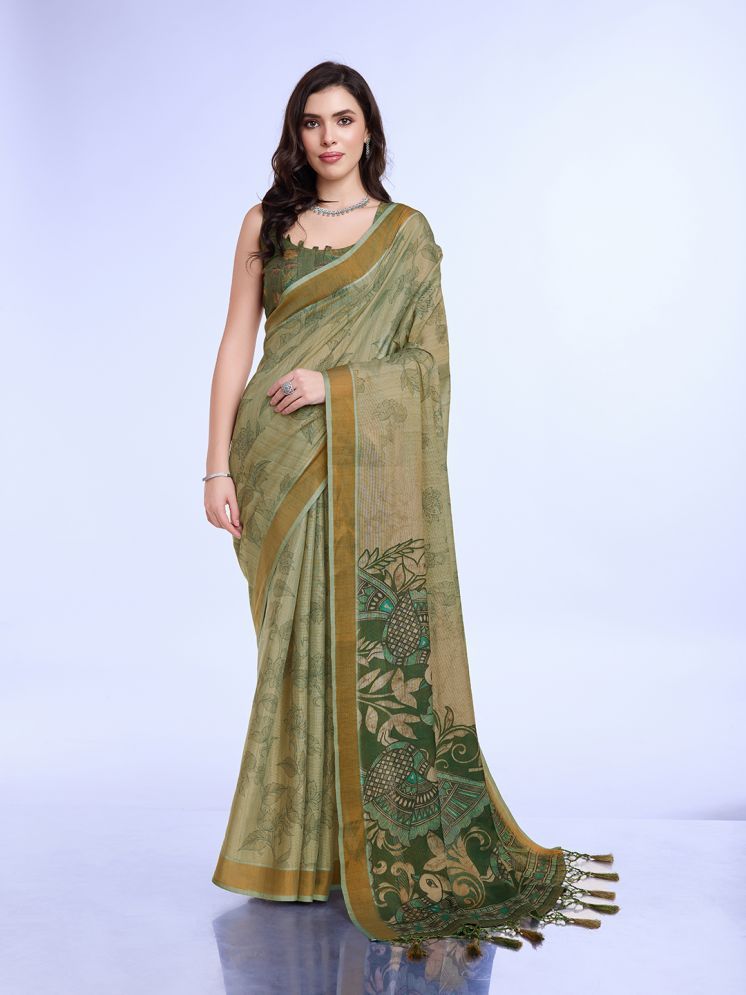     			Rekha Maniyar Silk Printed Saree With Blouse Piece - Lime Green ( Pack of 1 )