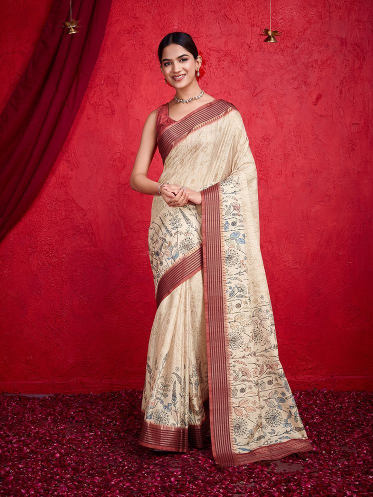     			Rekha Maniyar Silk Printed Saree With Blouse Piece - Off White ( Pack of 1 )