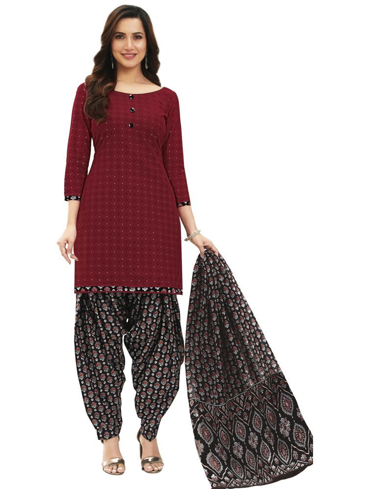     			SIMMU Cotton Printed Kurti With Patiala Women's Stitched Salwar Suit - Maroon ( Pack of 1 )