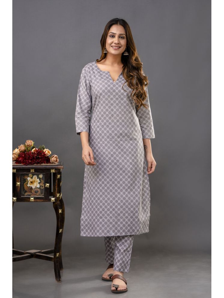     			Shivaradhya designers Cotton Printed Kurti With Pants Women's Stitched Salwar Suit - Grey ( Pack of 1 )