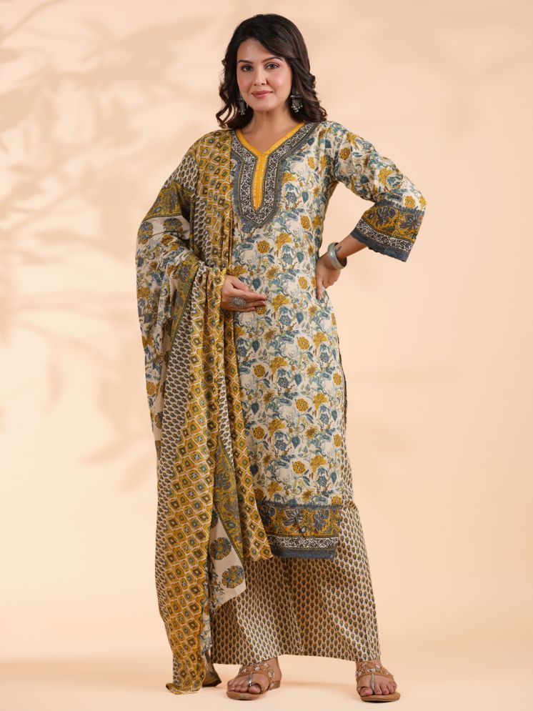     			Vbuyz Cotton Printed Kurti With Palazzo Women's Stitched Salwar Suit - Yellow ( Pack of 1 )