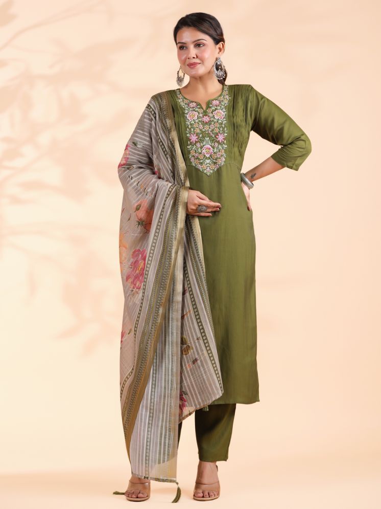     			Vbuyz Silk Blend Embroidered Kurti With Pants Women's Stitched Salwar Suit - Green ( Pack of 1 )