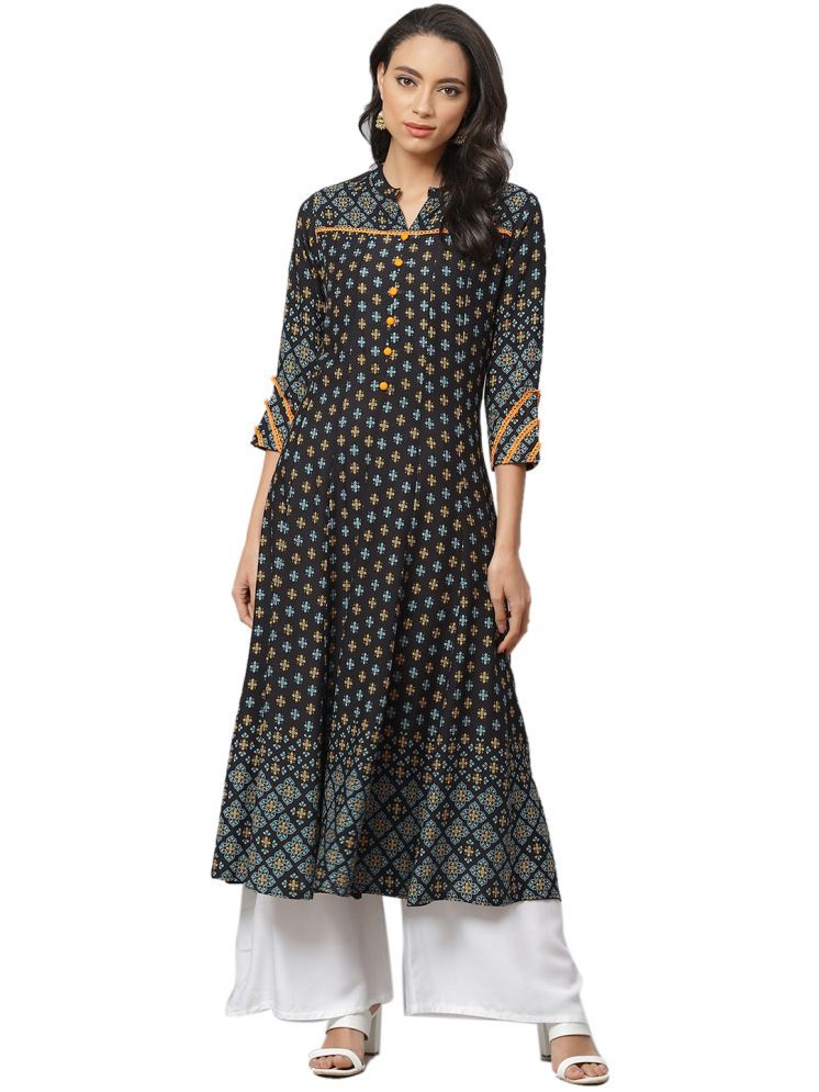     			Yash Gallery Rayon Printed Anarkali Women's Kurti - Black ( Pack of 1 )