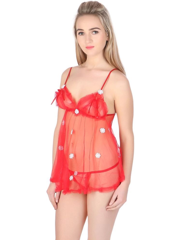     			Celosia Red Net Women's Nightwear Baby Doll Dresses With Panty ( Pack of 1 )