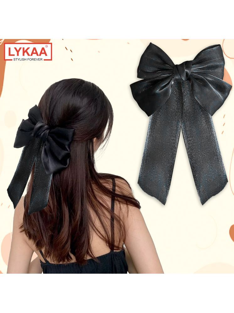     			Lykaa Big Satin Layered Hair Bows Long Tail Ribbon Barrettes Clip for Women - Pack of 1 (Black)