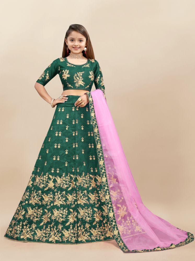     			Lady Shopi Green Silk Girls Lehenga Choli Set ( Pack of 1 )