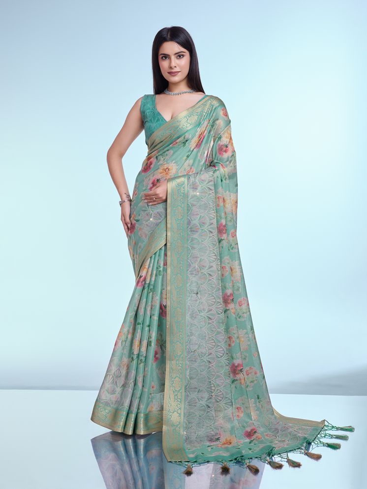     			Rekha Maniyar Silk Blend Printed Saree With Blouse Piece - Sea Green ( Pack of 1 )