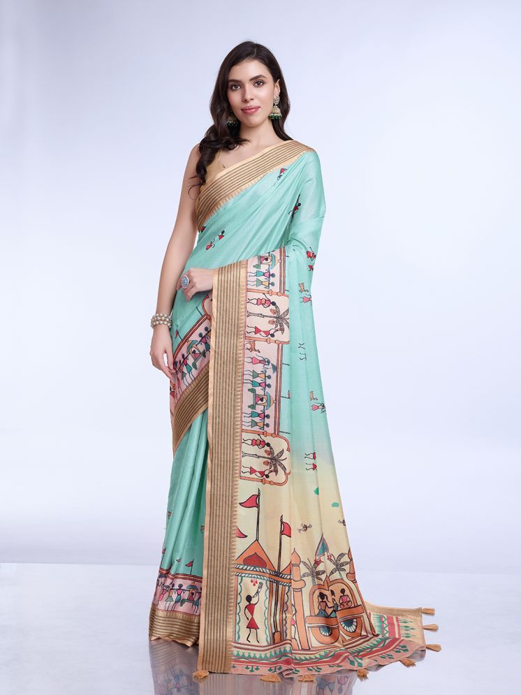     			Rekha Maniyar Silk Printed Saree With Blouse Piece - Teal ( Pack of 1 )