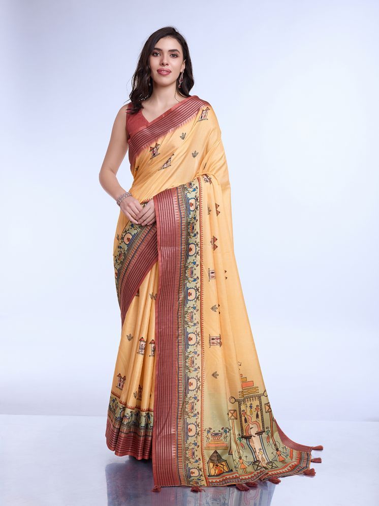     			Rekha Maniyar Silk Printed Saree With Blouse Piece - Yellow ( Pack of 1 )