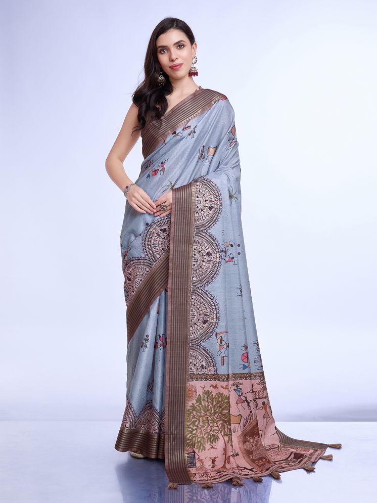     			Rekha Maniyar Silk Printed Saree With Blouse Piece - Blue ( Pack of 1 )