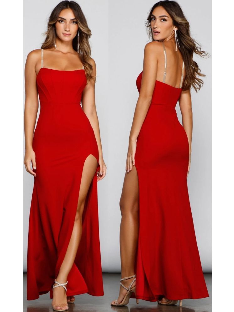     			Traquila Lycra Solid Full Length Women's Side Slit Dress - Red ( Pack of 1 )