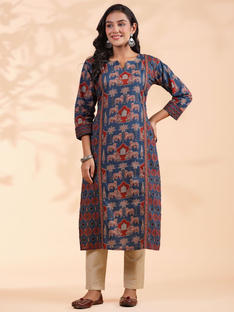     			Vbuyz Cotton Printed Straight Women's Kurti - Blue ( Pack of 1 )