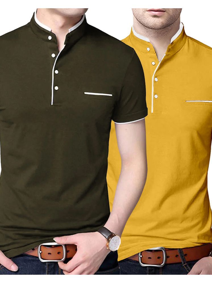     			AUSK Cotton Blend Regular Fit Solid Half Sleeves Men's Mandarin Collar T-Shirt - Yellow ( Pack of 2 )