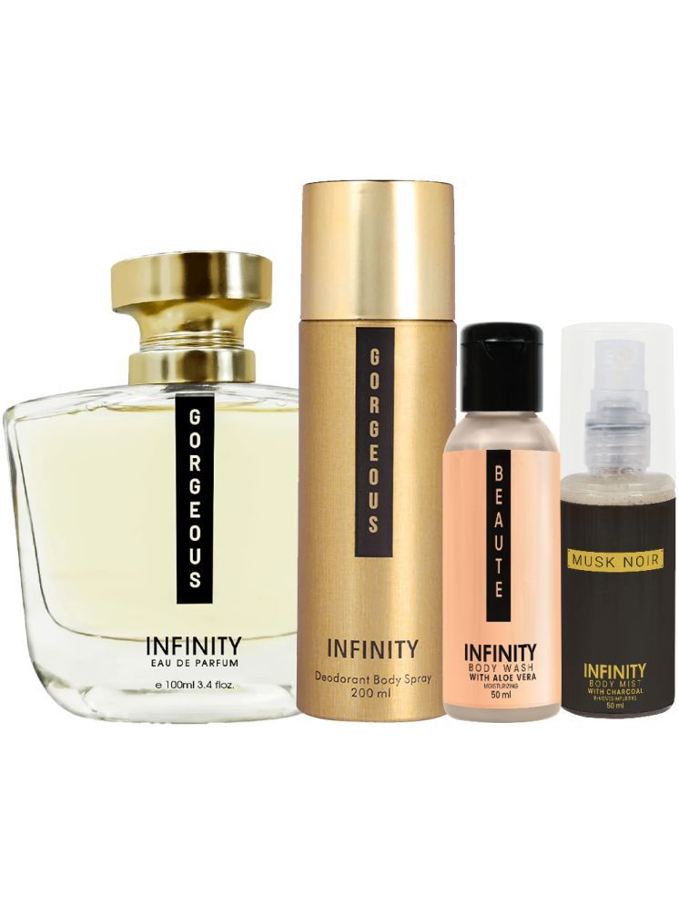     			Infinity Gorgeous Perfume, Gorgeous Deodorant, Beaute Body Wash & Musk Noir Body Mist Pack of 4