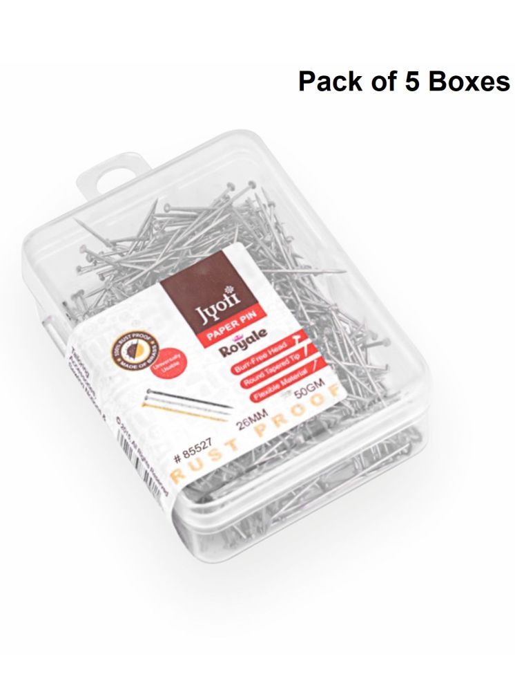     			Jyoti Paper Pin - Royale (50 Grams of 0.85x26mm Steel Pin in Electroplated Finish in a Plastic Box), Re-Usable Pins for Holding Loose Papers & Document Organizing, School, and Stationery - Pack of 5