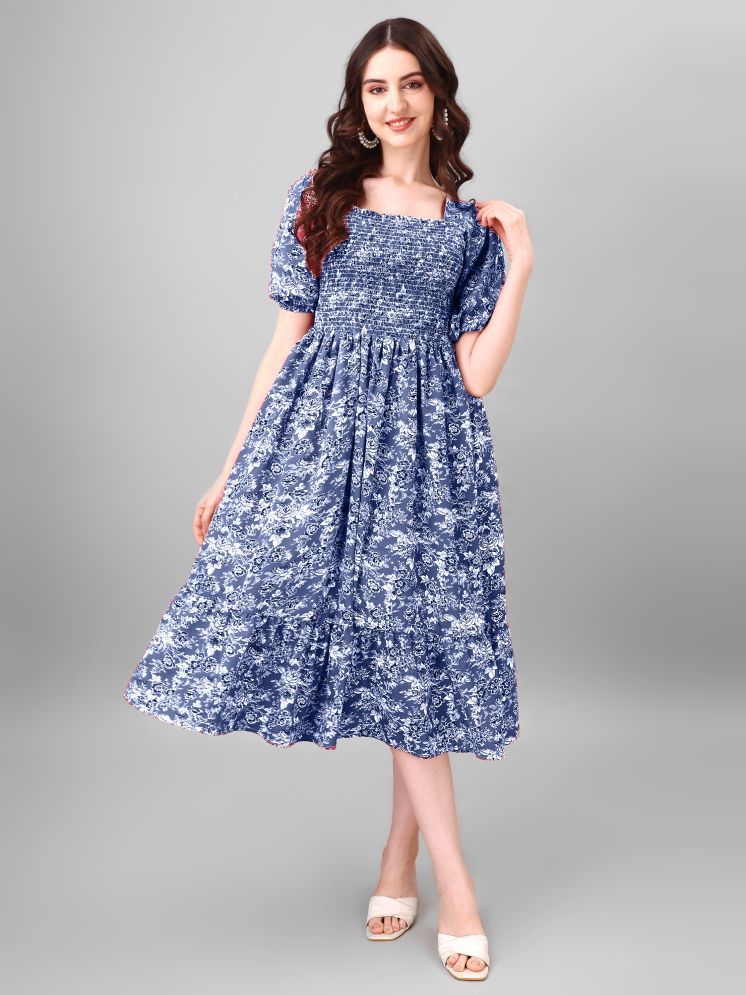     			RAIYANI FASHION Polyester Printed Midi Women's Fit & Flare Dress - Blue ( Pack of 1 )