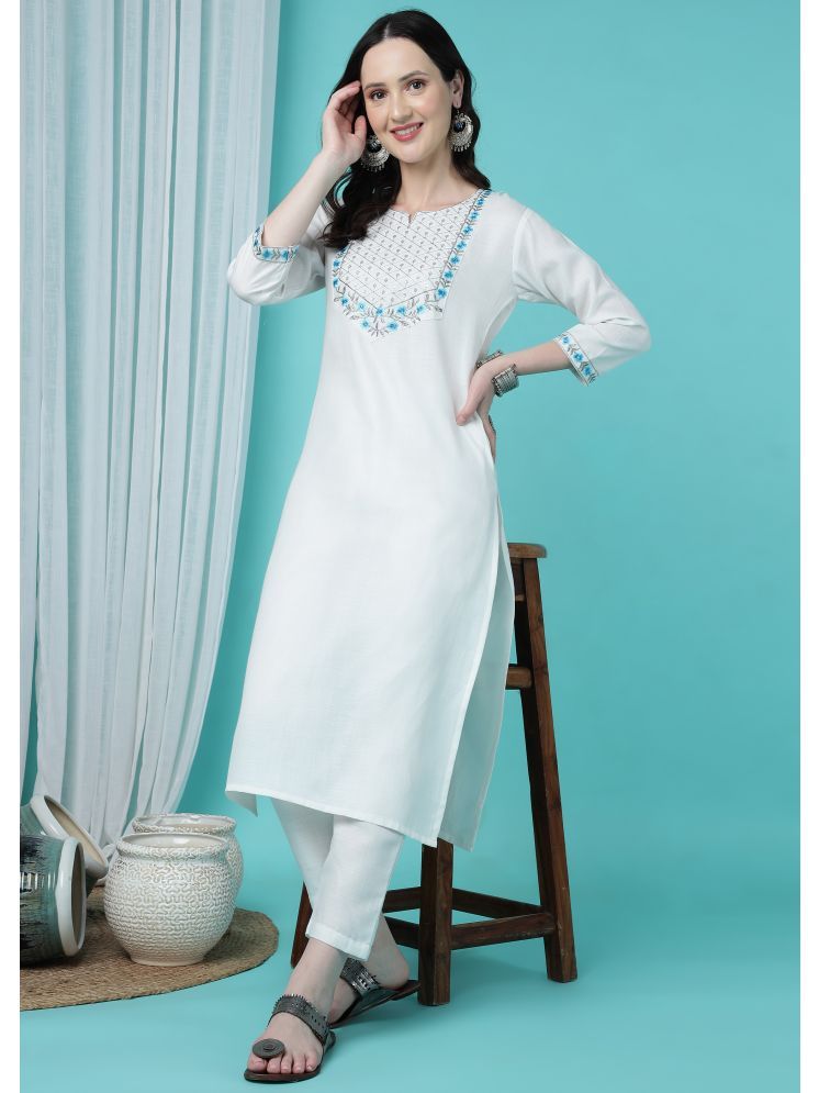     			Tabahi Cotton Blend Embroidered Kurti With Pants Women's Stitched Salwar Suit - White ( Pack of 1 )