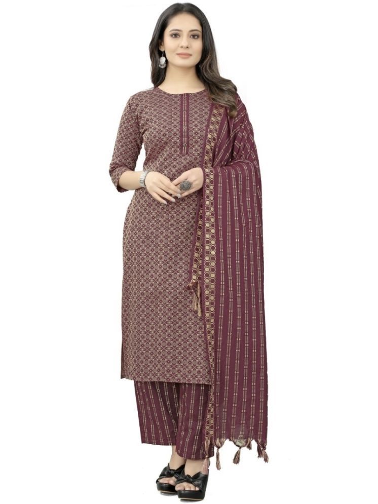     			Tabahi Cotton Blend Printed Kurti With Pants Women's Stitched Salwar Suit - Maroon ( Pack of 1 )