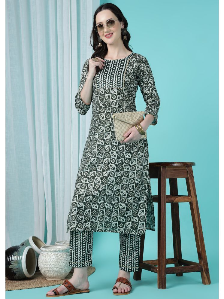     			Tabahi Cotton Blend Printed Kurti With Pants Women's Stitched Salwar Suit - Green ( Pack of 1 )