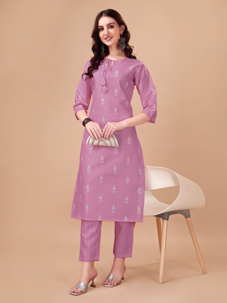     			Tabahi Cotton Blend Printed Kurti With Pants Women's Stitched Salwar Suit - Purple ( Pack of 1 )