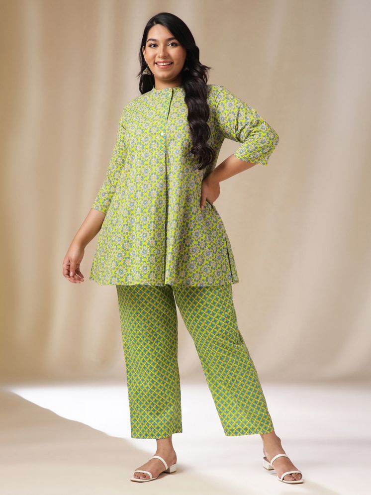     			Janasya Cotton Printed Kurti With Pants Women's Stitched Salwar Suit - Lime Green ( Pack of 1 )