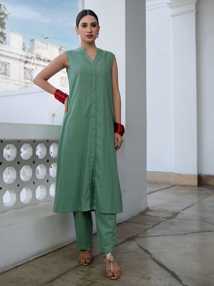     			Janasya Cotton Self Design Kurti With Pants Women's Stitched Salwar Suit - Green ( Pack of 1 )