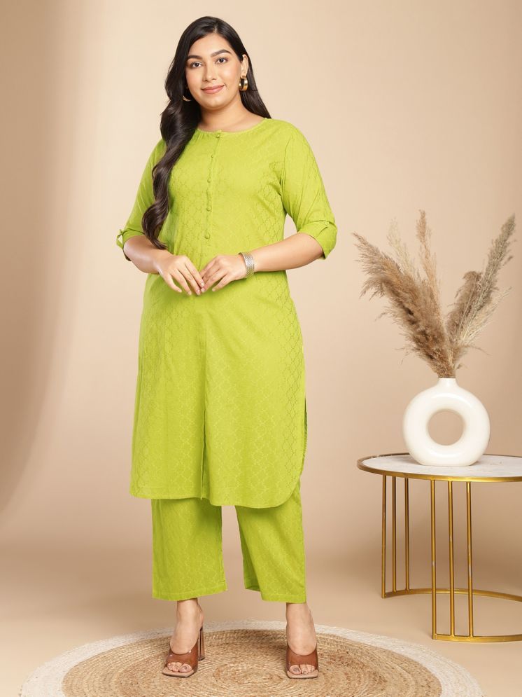     			Janasya Cotton Self Design Kurti With Pants Women's Stitched Salwar Suit - Lime Green ( Pack of 1 )