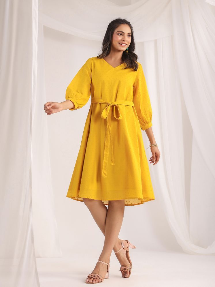     			Janasya Cotton Self Design Midi Women's A-line Dress - Yellow ( Pack of 1 )