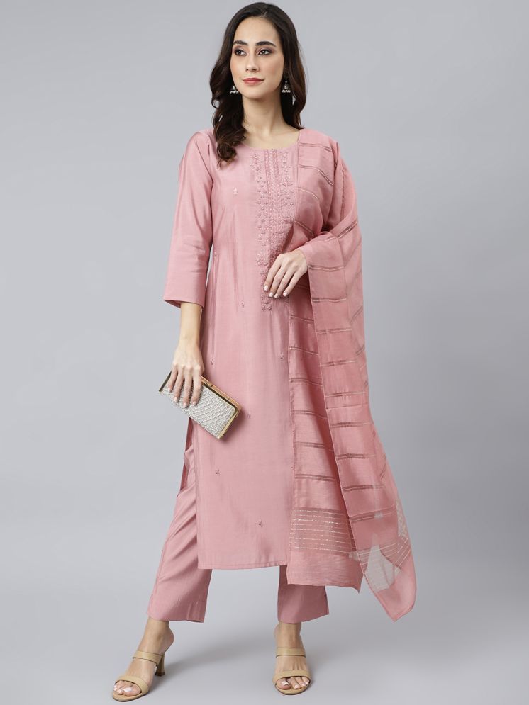     			Janasya Silk Blend Embroidered Kurti With Pants Women's Stitched Salwar Suit - Pink ( Pack of 1 )