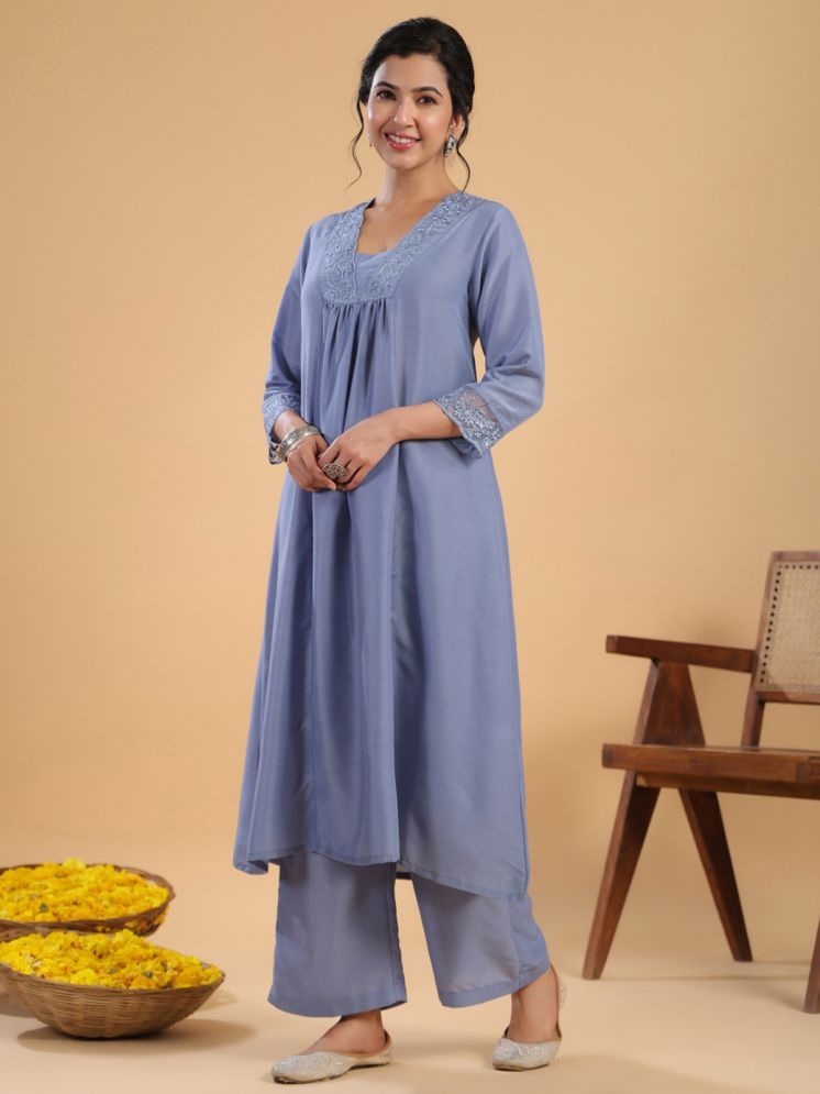     			Janasya Silk Blend Solid Kurti With Palazzo Women's Stitched Salwar Suit - Blue ( Pack of 1 )