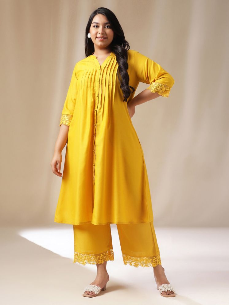     			Janasya Silk Blend Solid Kurti With Palazzo Women's Stitched Salwar Suit - Yellow ( Pack of 1 )