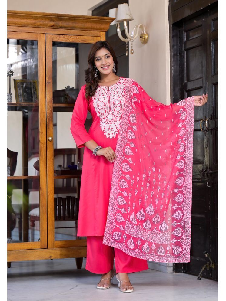     			Juniper Rayon Embroidered Kurti With Palazzo Women's Stitched Salwar Suit - Pink ( Pack of 1 )