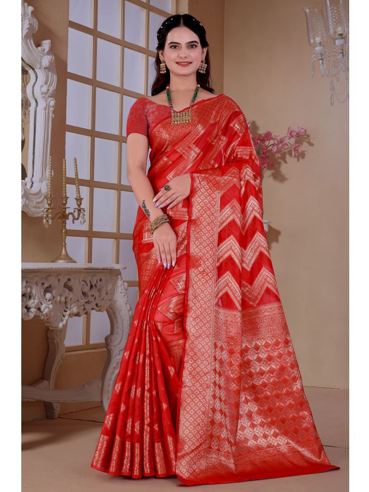     			Raj Vivah Jacquard Woven Saree With Blouse Piece - Red ( Pack of 1 )