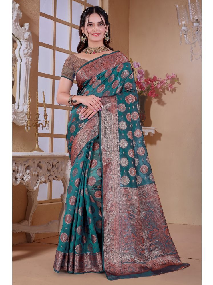     			Raj Vivah Jacquard Woven Saree With Blouse Piece - Navy Blue ( Pack of 1 )