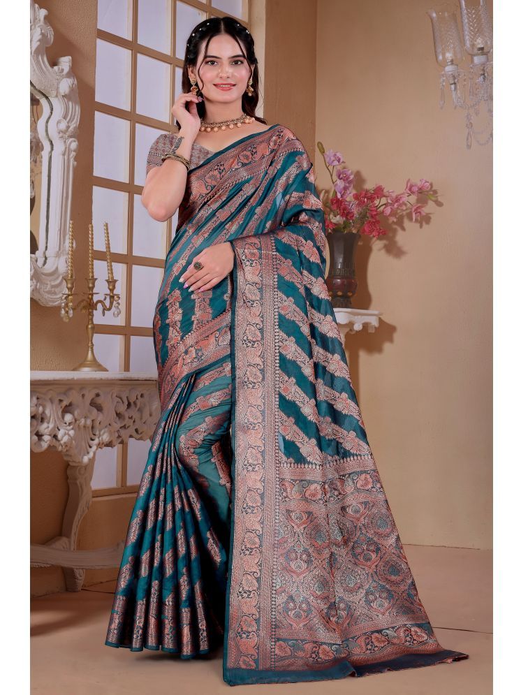     			Raj Vivah Jacquard Woven Saree With Blouse Piece - Navy Blue ( Pack of 1 )