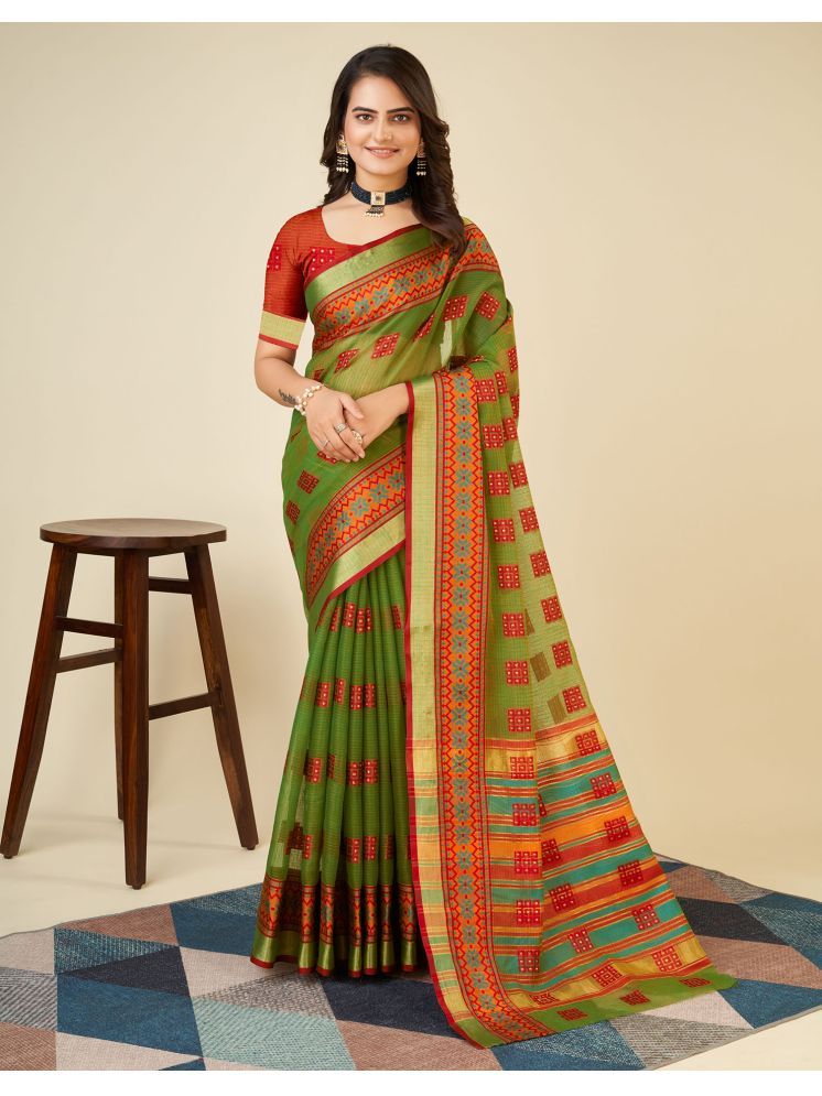     			Samah Silk Printed Saree With Blouse Piece - Olive ( Pack of 1 )