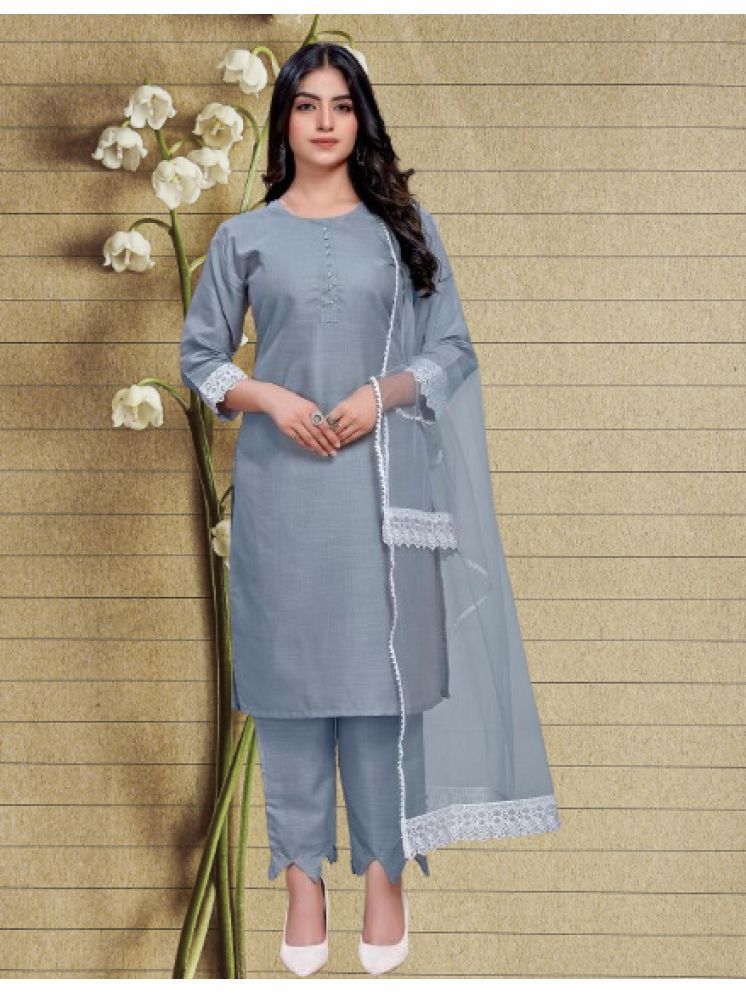     			bipinenterprise Pack of 1 Cotton Blend Solid Straight Women's Kurti with Dupatta - ( Grey )