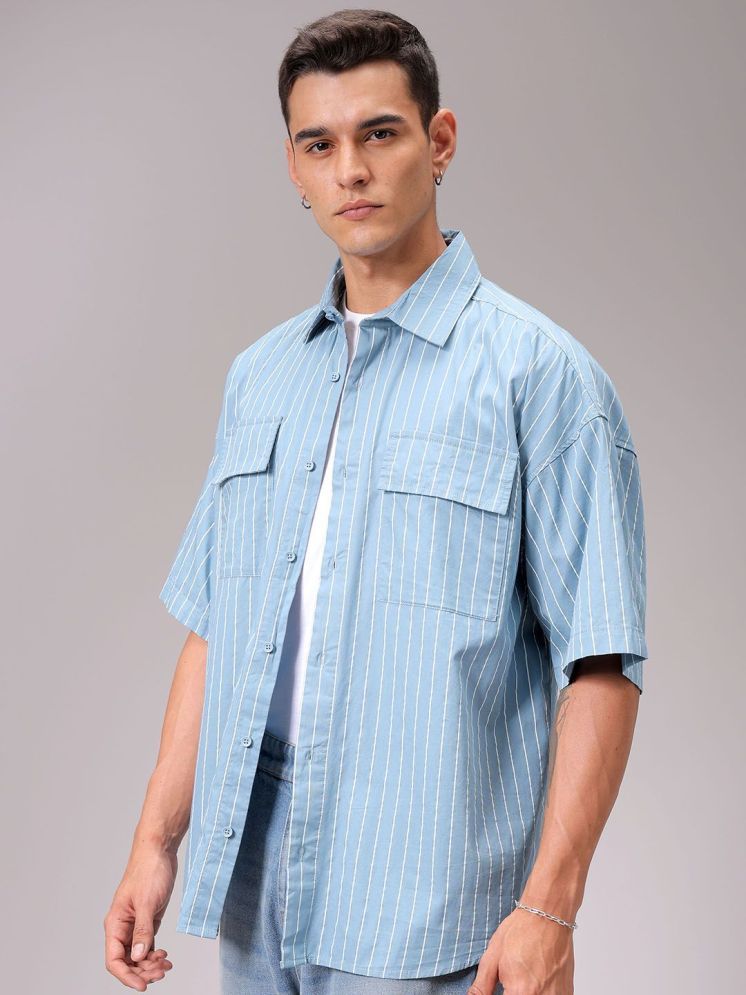     			The Indian Garage Co Men Cutaway Collar Vertical Striped Cotton Oversized Casual Shirt