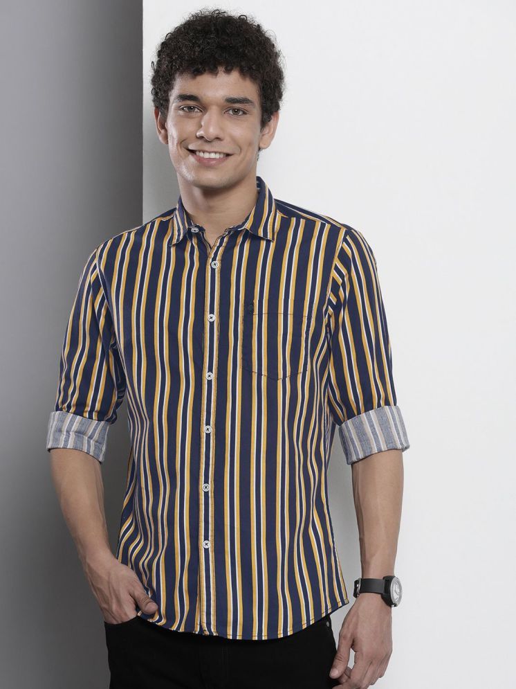     			The Indian Garage Co Men Navy Blue & Yellow Striped Cotton Casual Shirt