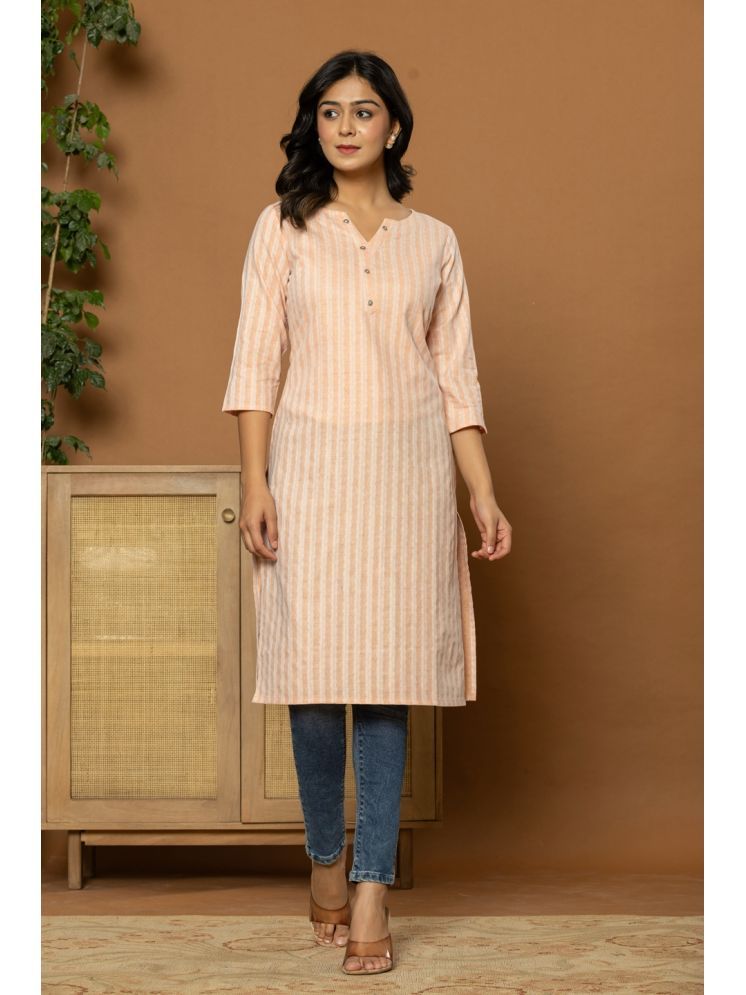     			Flamboyant Pack of 1 Cotton Striped Straight Women's Kurti - ( Peach )