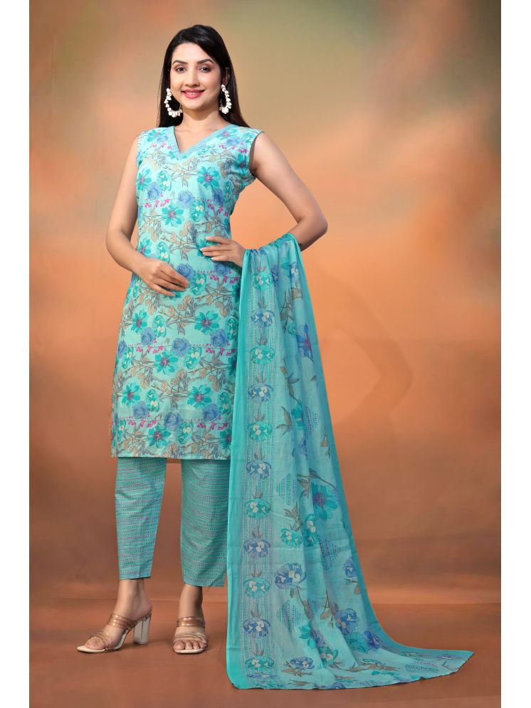     			Varni Fabrics Cotton Blend Printed Kurti With Pants Women's Stitched Salwar Suit - Blue ( Pack of 1 )