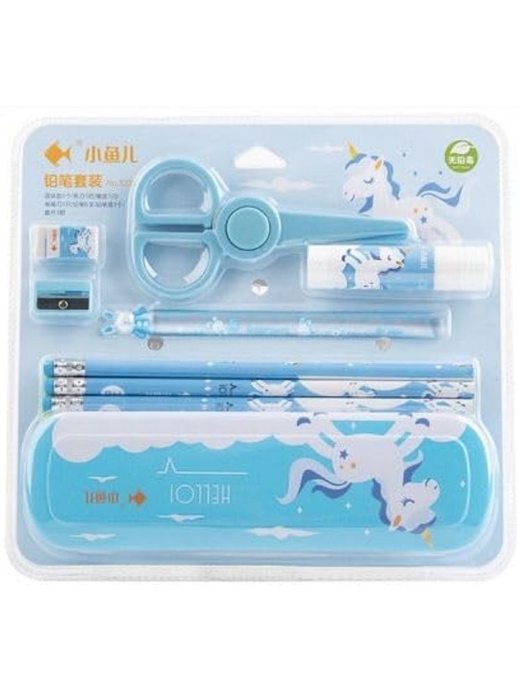     			2665F2-FLIPCLIPS 12 PC Blue Unicorn Stationary Kit with 1 Pencil Box Case, 6 Pencils, 1Scissor, 1 Sharpener, 1 Eraser, 1 SCALE&1 Fevistick Kit for Kids ( Blue)