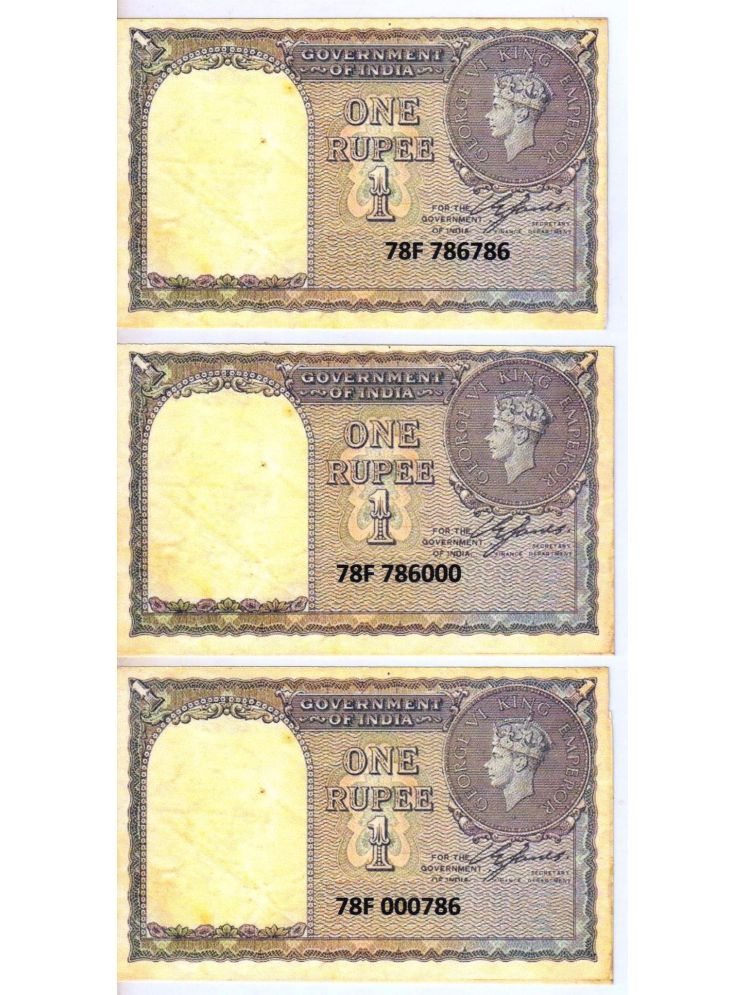     			Extreme Rare 1 Rupee 1940 Year British India 786786 , 000786 and 786000 UNC 3 Notes Set Signed By C E Jones