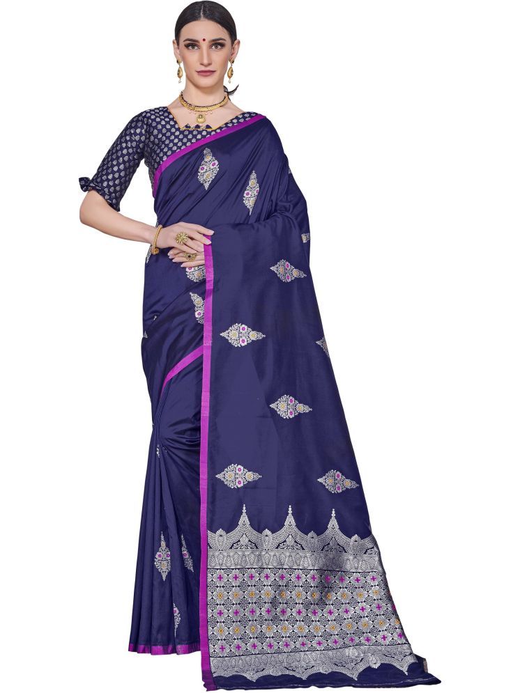     			Sariya Pack of 1 Jacquard Embellished Saree With Blouse Piece ( Navy Blue )