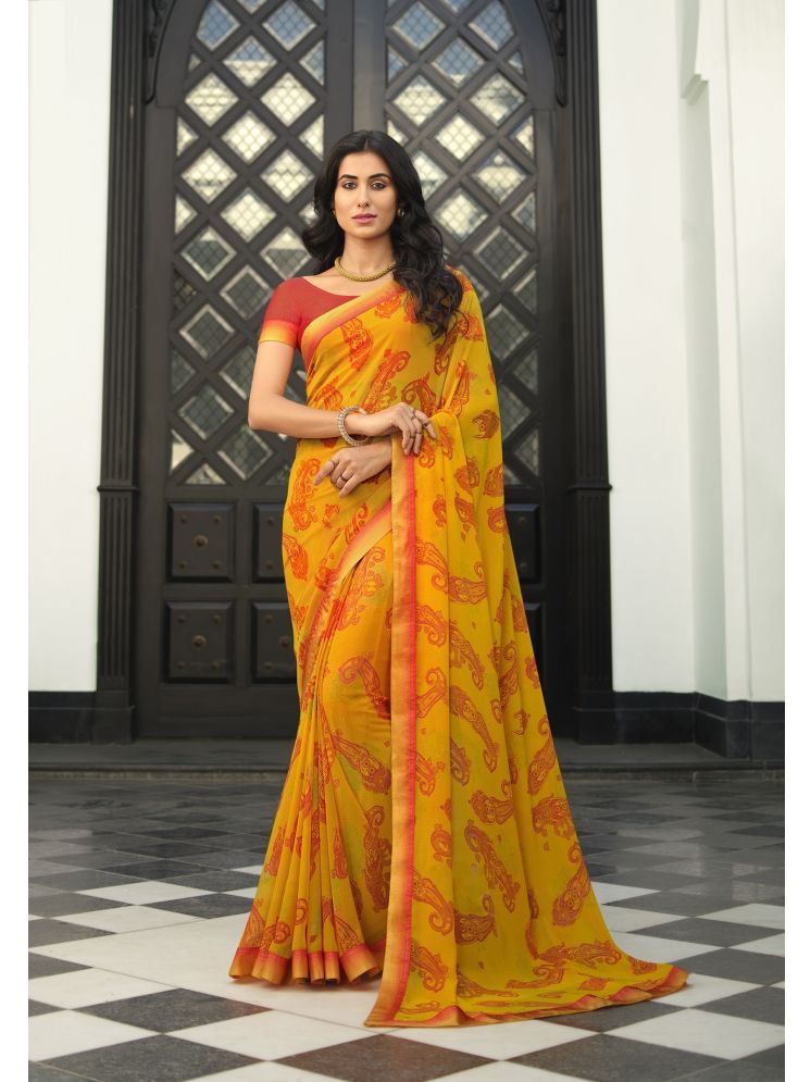     			Gazal Fashions Georgette Printed Saree With Blouse Piece - Yellow ( Pack of 1 )