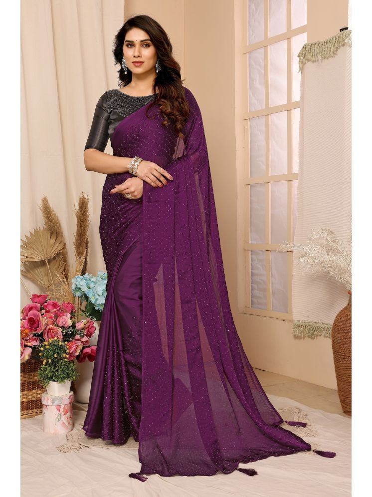     			Gazal Fashions Satin Embellished Saree With Blouse Piece - Purple ( Pack of 1 )