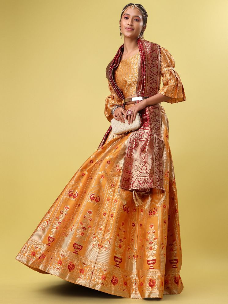     			PURVAJA Yellow Jacquard Chaniya Choli Semi Stitched Lehenga Single