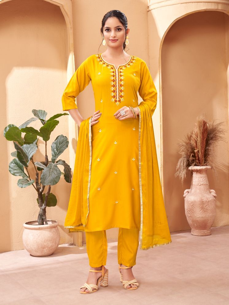     			SAREEKART FAB Rayon Embroidered Kurti With Pants Women's Stitched Salwar Suit - Yellow ( Pack of 1 )