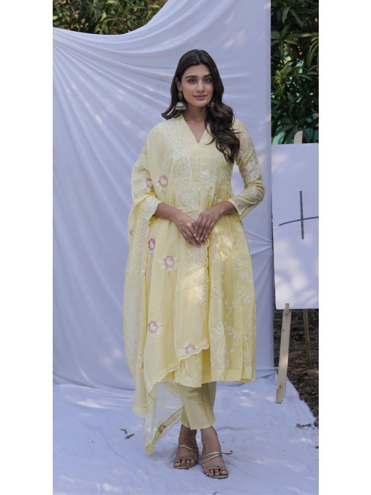     			Sitaram Designer Organza Embroidered Kurti With Pants Women's Stitched Salwar Suit - Yellow ( Pack of 1 )