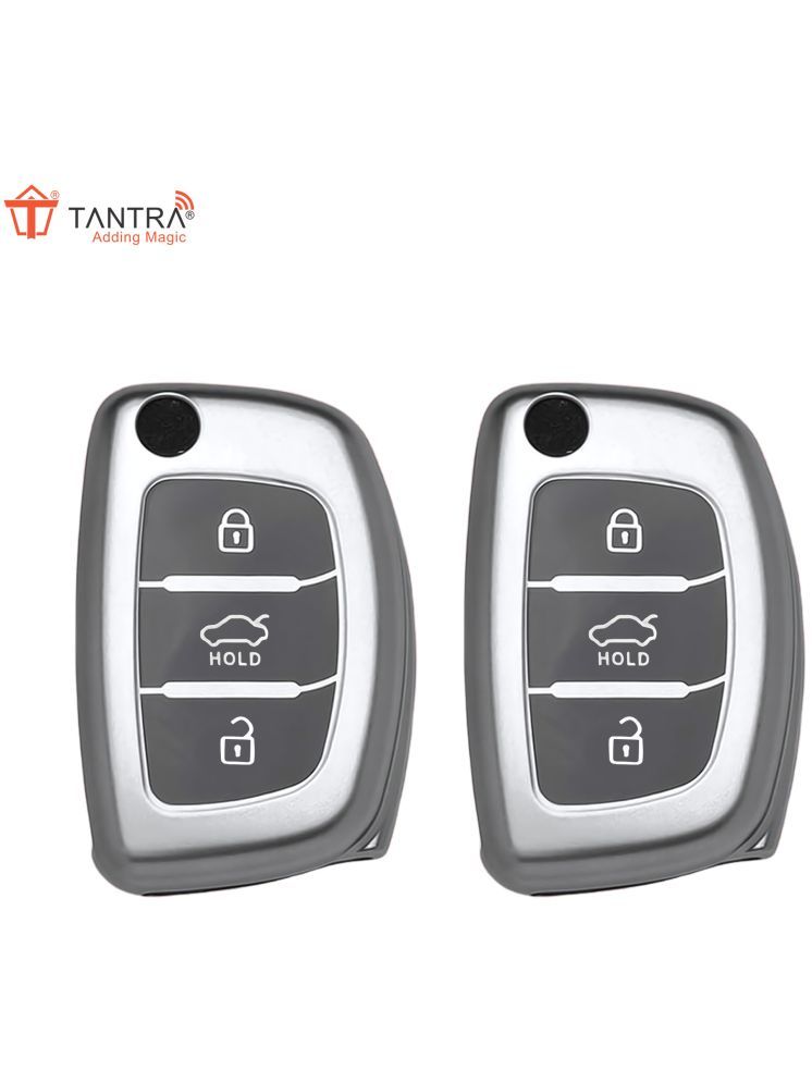     			TANTRA TPU Key Cover and Metal Keychain Compatible for Hyundai i 20, Xcent,Verna Flude 3 Button Flip Smart Key Cover (Grey Pack of 2)